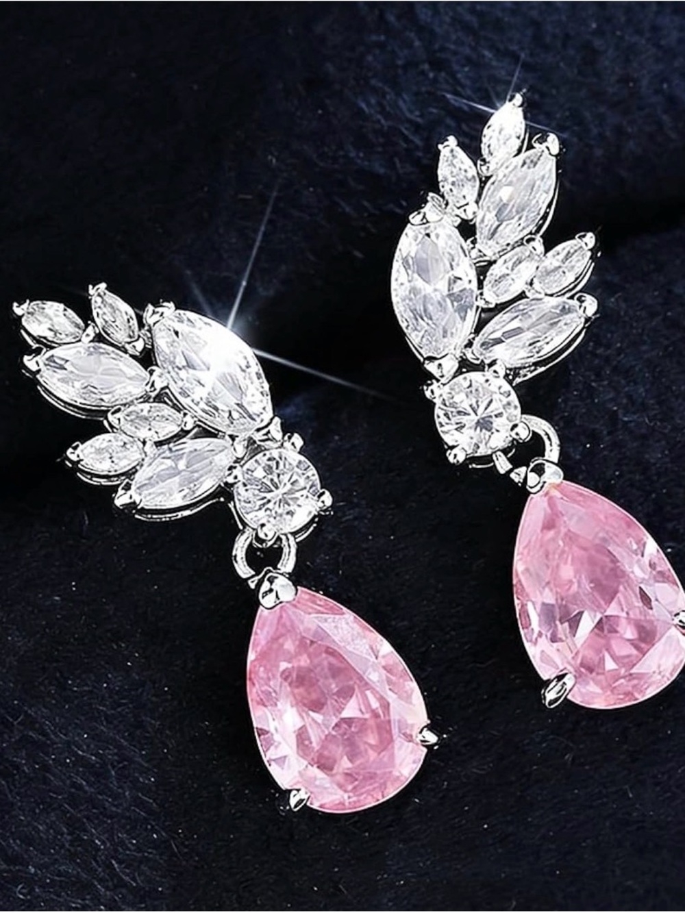 Elegant Pink Pear Shaped Drop Crystal Earrings - Silver Tone